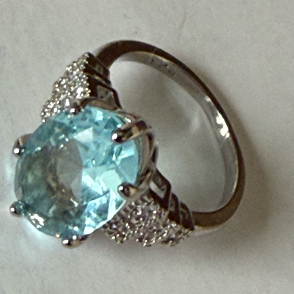 Fashion Jewelry Silver Ring with Light Blue Center Stone and Pavé Accents - Picture 2 of 8